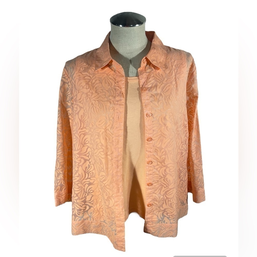 Studio Works Tangerine Floral Sheer 3/4 Sleeve Blouse 2 piece Size Petite XL